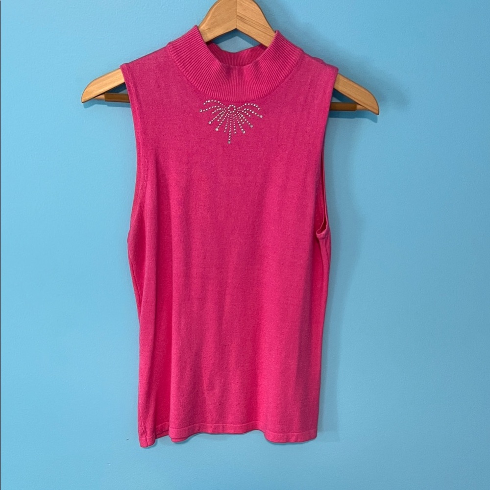 Michel Sleeveless Mock Neck Tank in Bright pink with Rhinestone Accent
